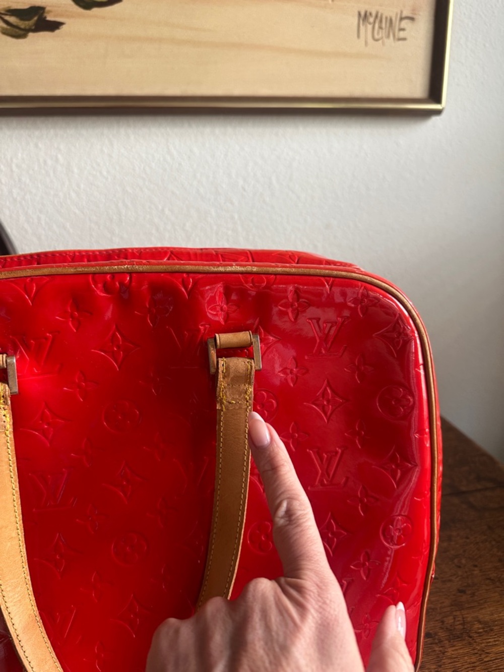 Louis Vuitton Sutton Red Patent Monogram satchel Bag with Tan Trim - Picture 12 of 17